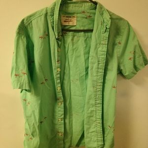 Pink flamingo green button-up